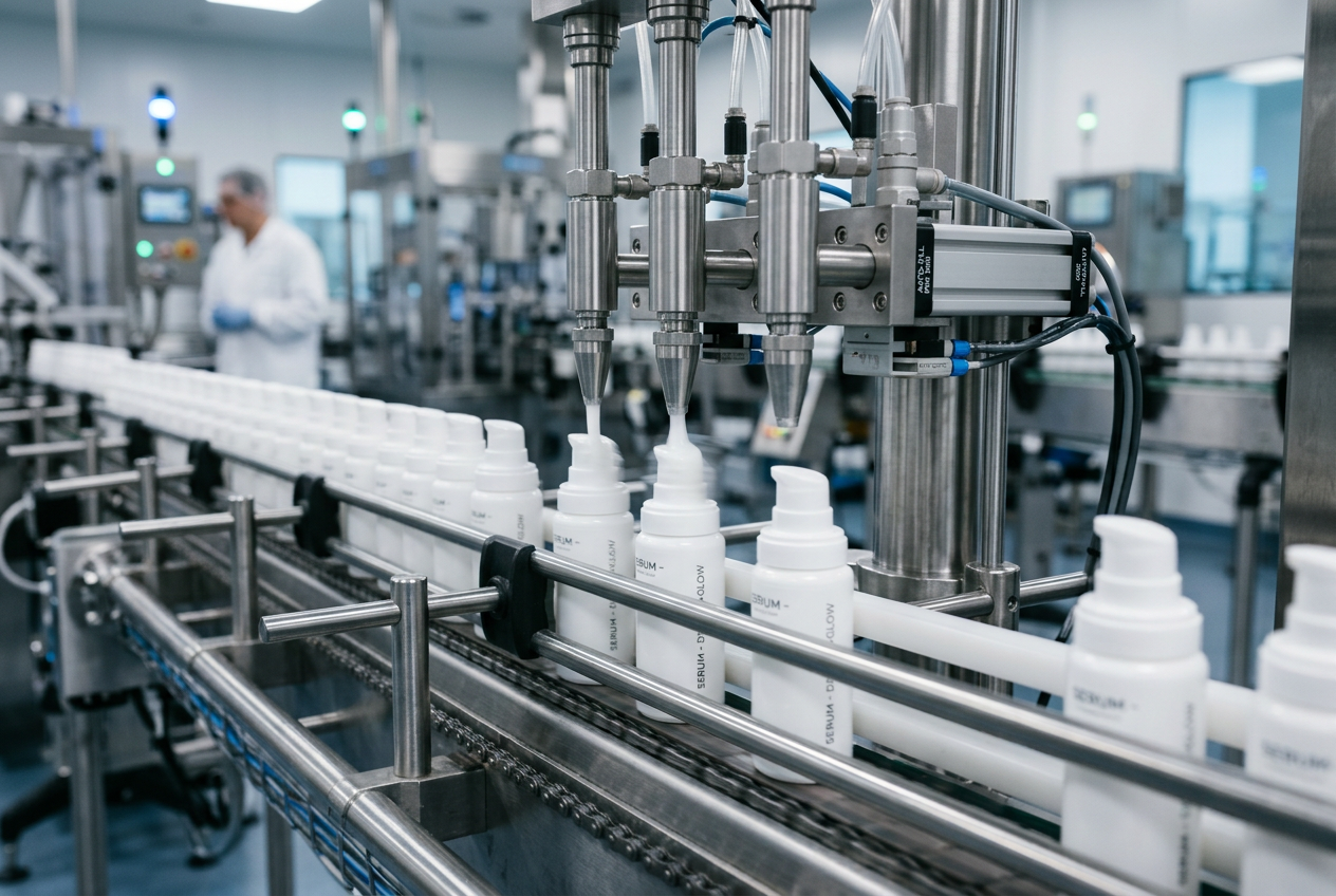 Amber glass dropper bottles on a single-line filling conveyor