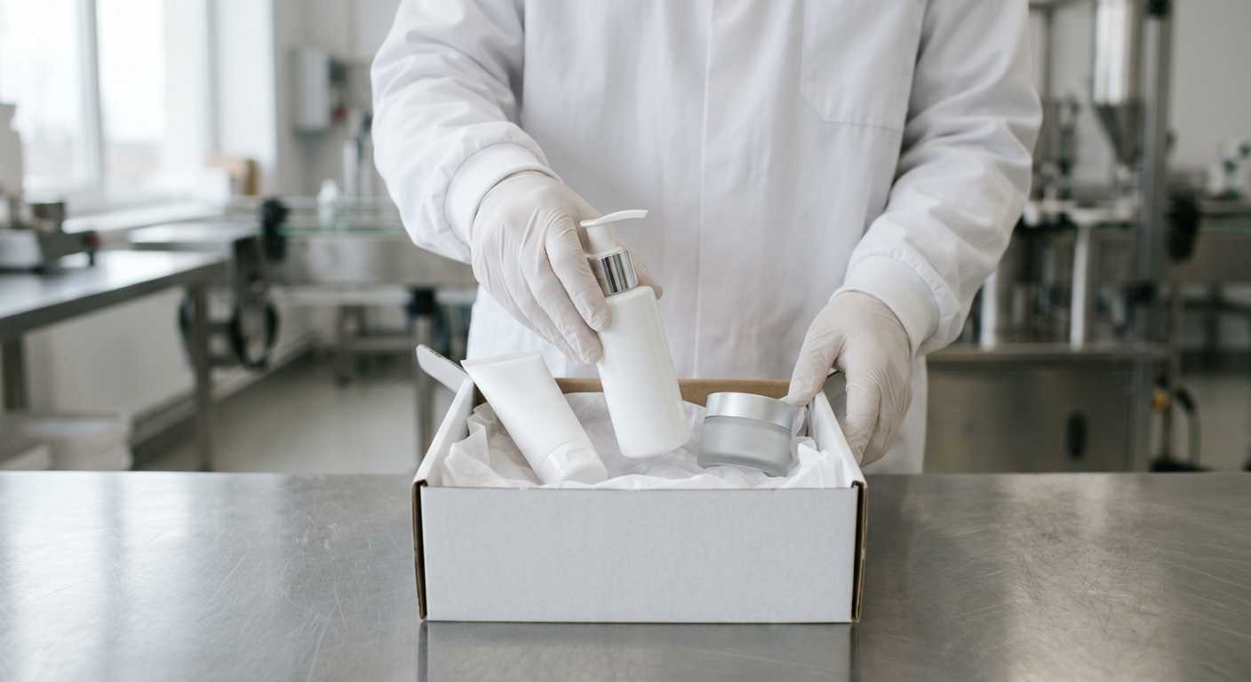 Gloved hands packing a white pump bottle, tube and jar into a shipping box