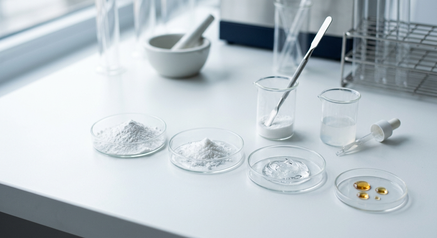 Cosmetic raw materials in glass dishes on a laboratory bench