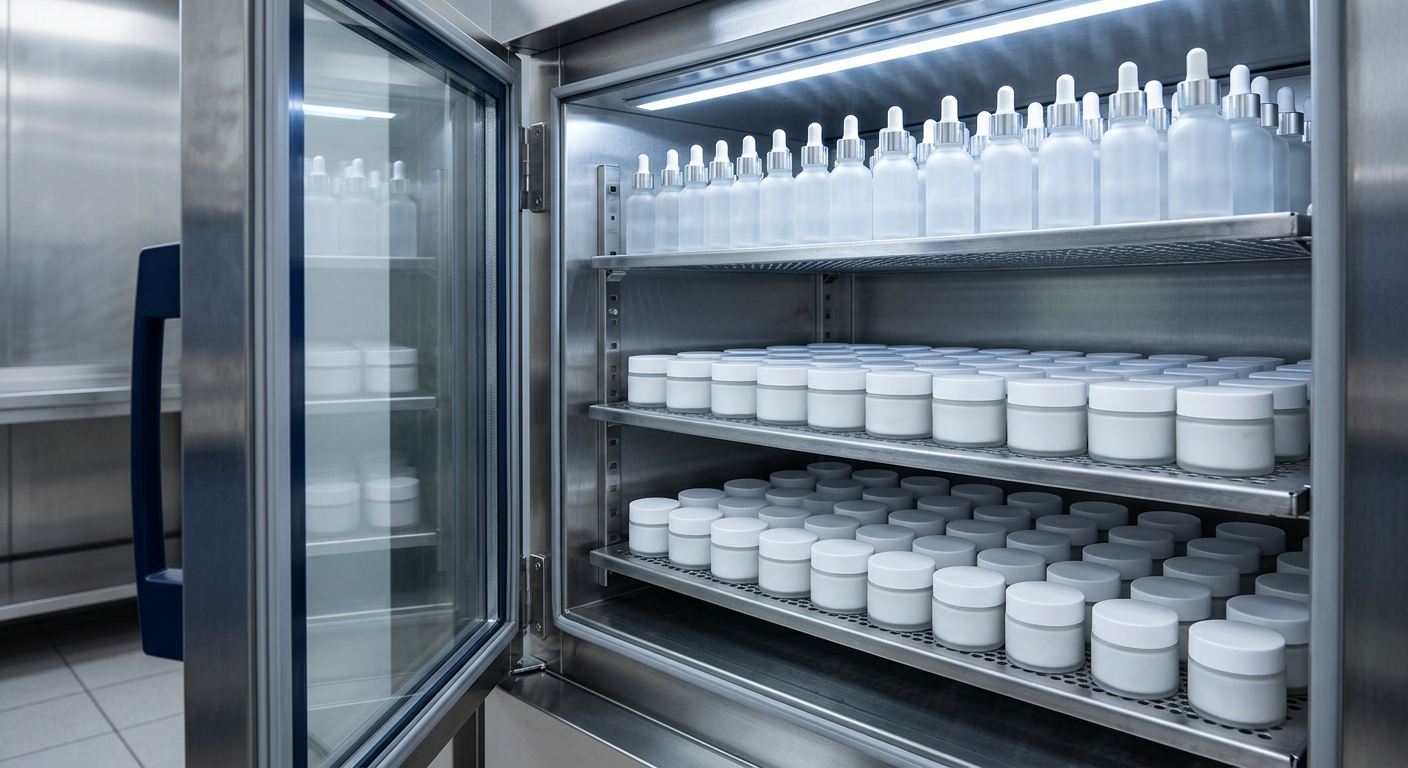 Rows of cosmetic jars and bottles on shelves inside a stability test chamber