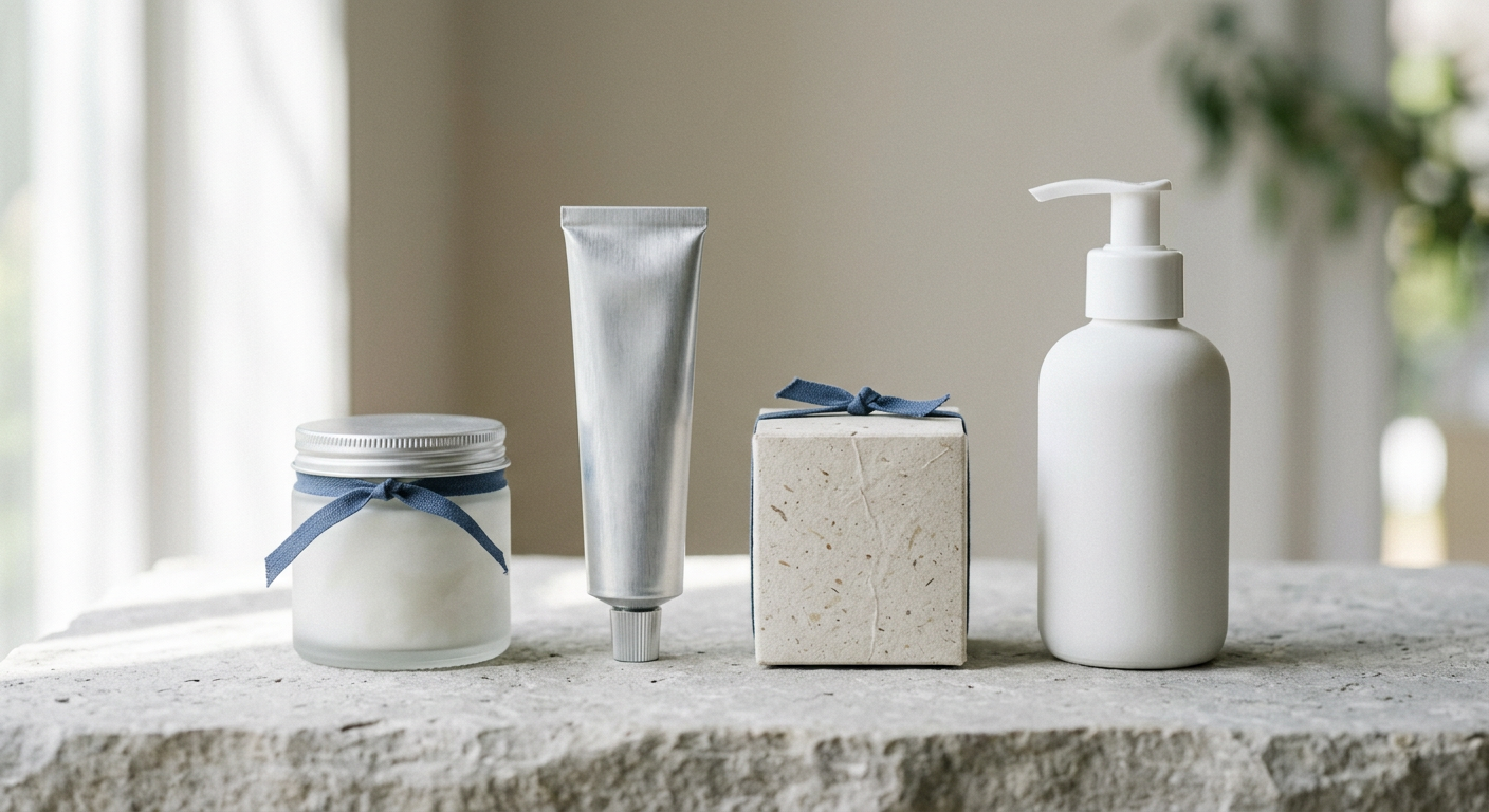 Refillable glass jar, aluminium tube and paper carton on a stone surface