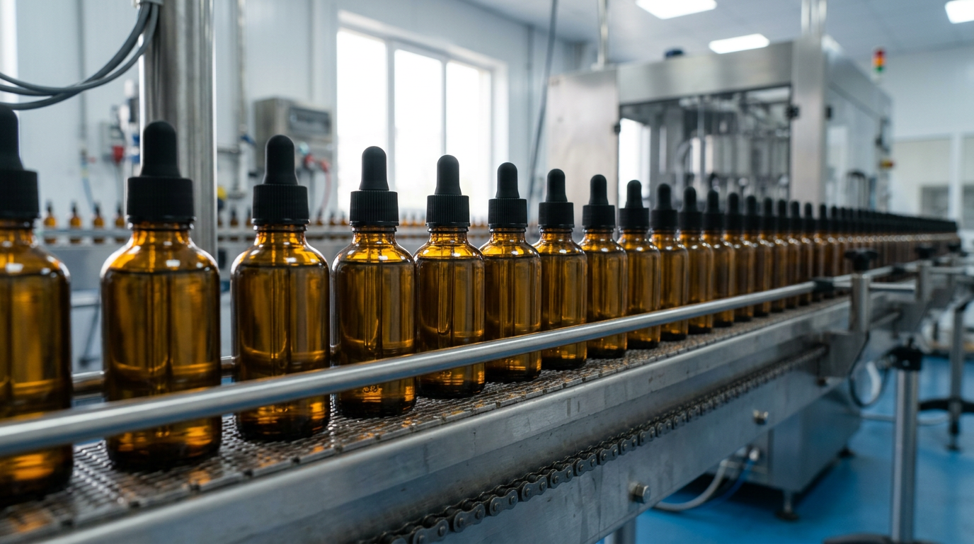 Close-up of amber glass dropper oil bottles moving single-file along a conveyor